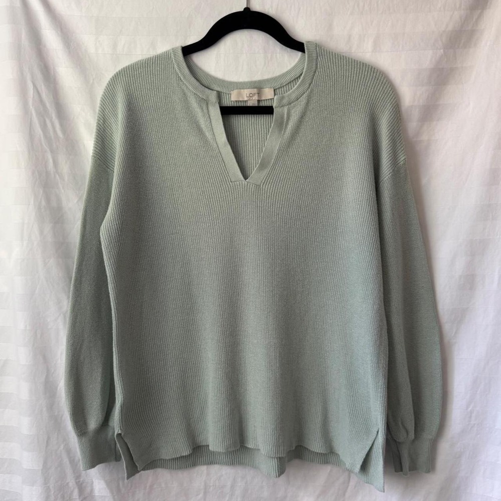 LOFT 100% Cotton Blue/Green Ribbed Knit Sweater Size: Small